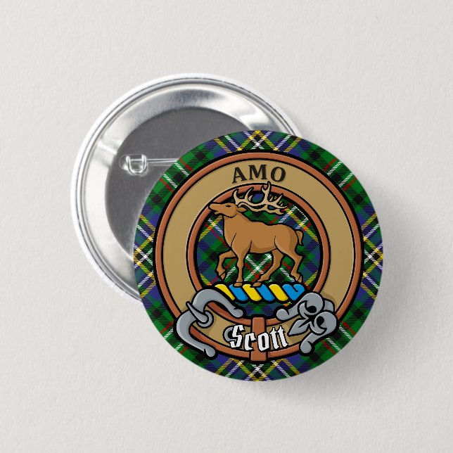 Clan Scott Wappen über Green Tartan Button (Vorne & Hinten)