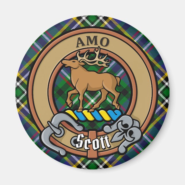 Clan Scott Wappen über Green Tartan Magnet (Vorne)