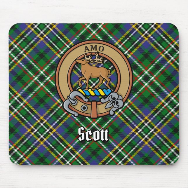 Clan Scott Wappen über Green Tartan Mousepad (Vorne)