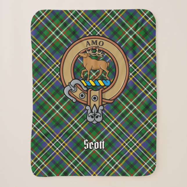 Clan Scott Wappen über Green Tartan Sherpadecke (Vorderseite)