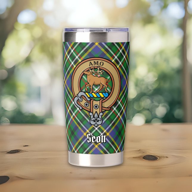 Clan Scott Wappen über Green Tartan Thermobecher (Von Creator hochgeladen)
