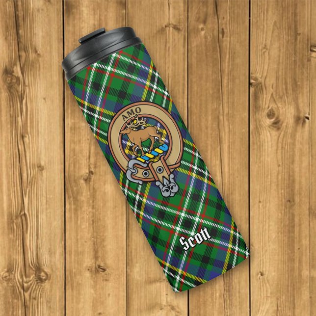 Clan Scott Wappen über Green Tartan Thermosbecher (Von Creator hochgeladen)