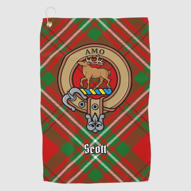 Clan Scott Wappen über Red Tartan Golf Towel Golfhandtuch (Vorderseite)