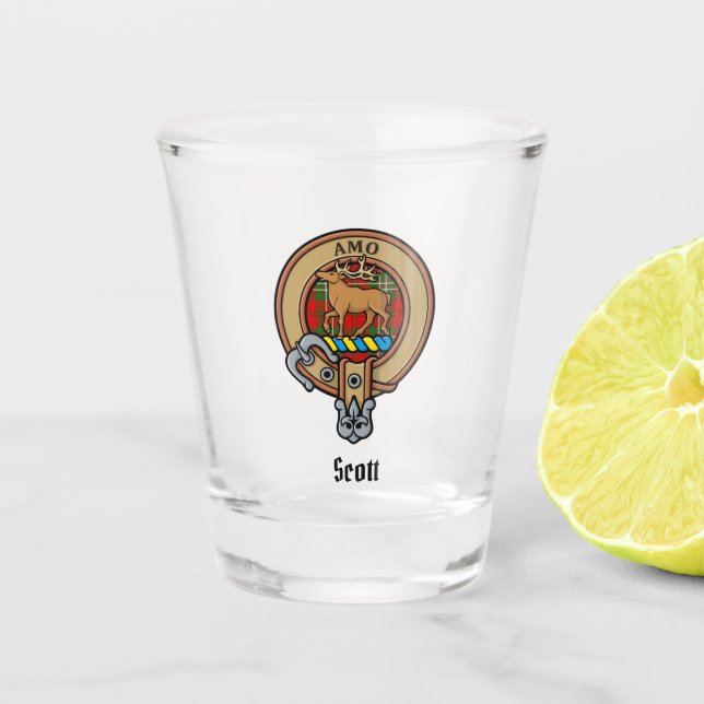Clan Scott Wappen über Red Tartan Shot Glass Schnapsglas (Vorderseite)