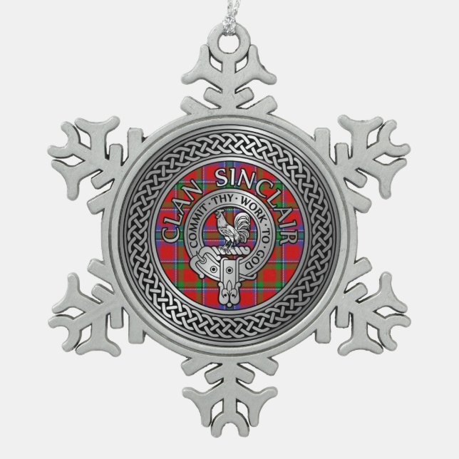 Clan Sinclair Wappen & Tartan Knot Schneeflocken Zinn-Ornament (Vorderseite)