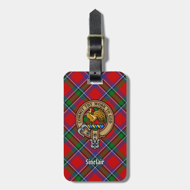 Clan Sinclair Wappen über Red Tartan Gepäckanhänger (Vorderseite vertikal)