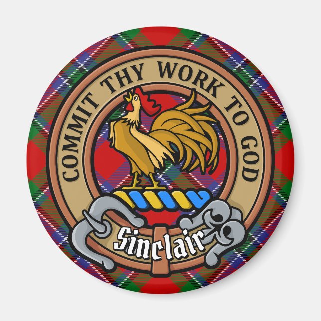 Clan Sinclair Wappen über Red Tartan Magnet (Vorne)