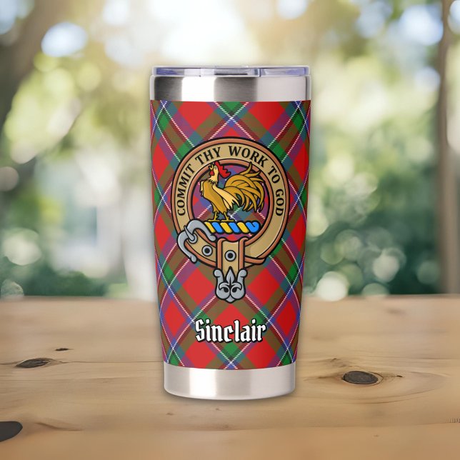 Clan Sinclair Wappen über Red Tartan Thermobecher (Von Creator hochgeladen)