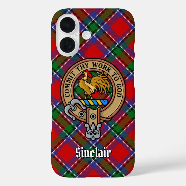 Clan Sinclair Wappen über Tartan iPhone 16 Hülle (Rückseite)