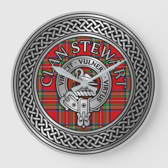 Clan Stewart | Stuart Wappen & Tartan Knot Große Wanduhr (Vorderseite)