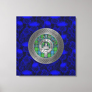 Clan Stirling Wappen & Tartan Knot on Thistle Leinwanddruck