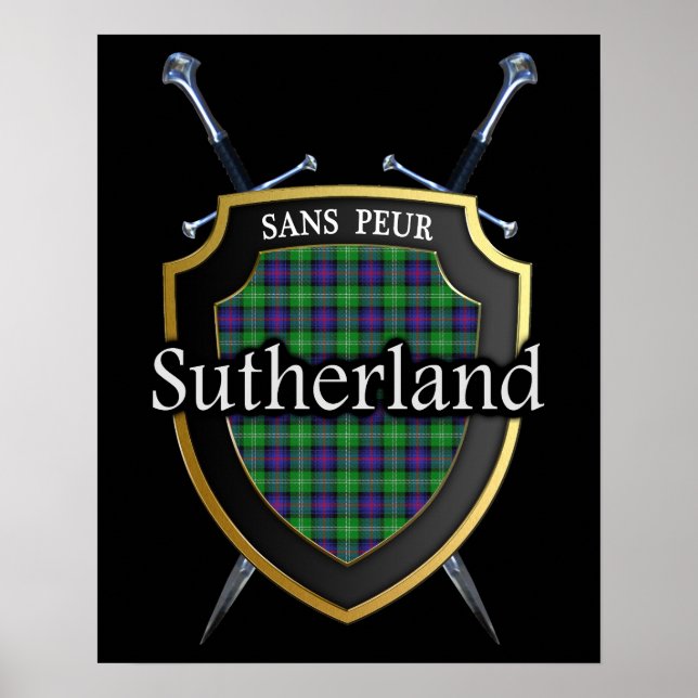 Clan Sutherland Tartan Schottischer Schild & Schwe (Vorne)