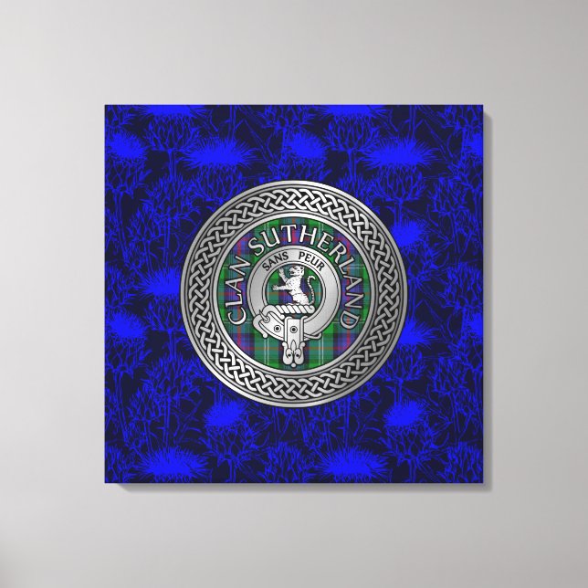 Clan Sutherland Wappen & Tartan Knot on Thistle Leinwanddruck (Vorderseite)