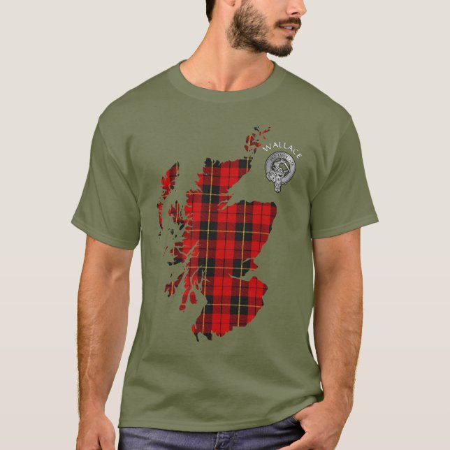 Clan Wallace Tartan Karte & Wappen T - Shirt (Vorderseite)