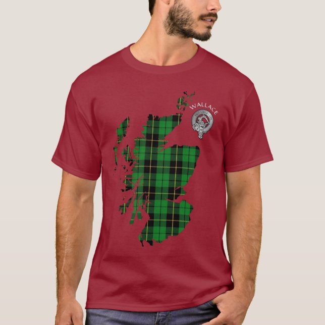 Clan Wallace Tartan Karte & Wappen T - Shirt (Vorderseite)