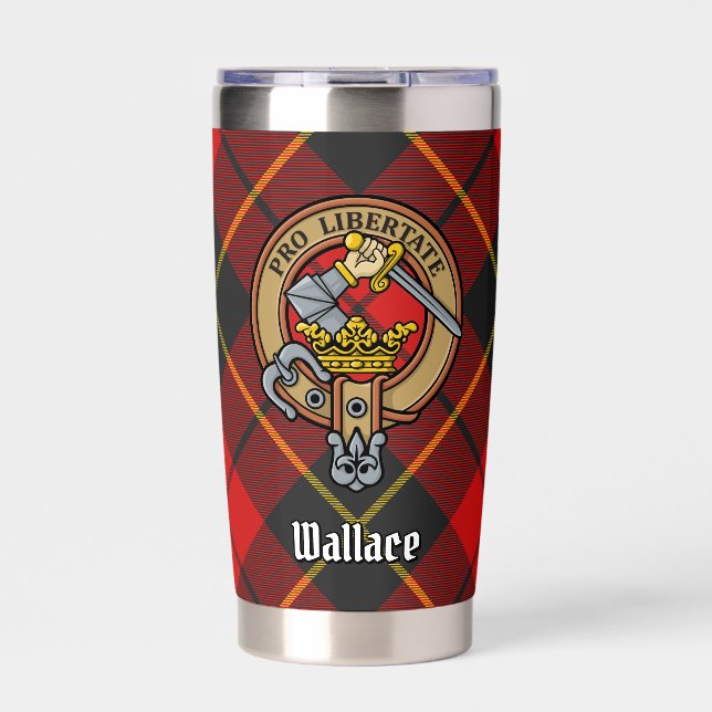 Clan Wallace Wappen über Tartan Thermobecher (Vorderseite)