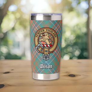 Clan Wilson Wappen über altem Tartan Thermobecher