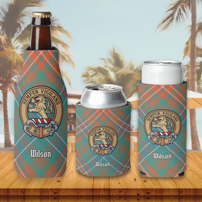 Clan Wilson Wappen über antikes Tartan Flaschenkühler (Von Creator hochgeladen)