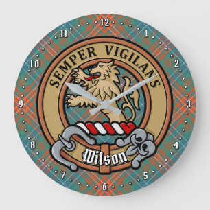 Clan Wilson Wappen über antikes Tartan Große Wanduhr