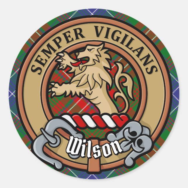 Clan Wilson Wappen über das moderne Tartan Runder Aufkleber (Vorderseite)