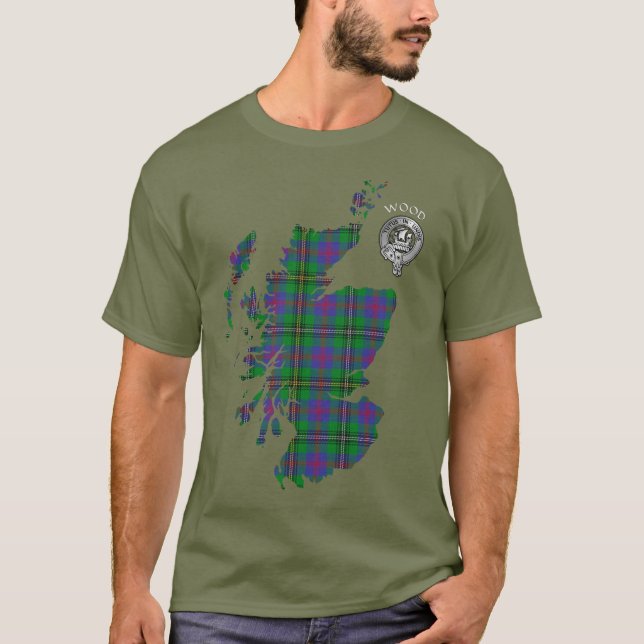 Clan Wood Wappen & Tartan Karte T-Shirt (Vorderseite)