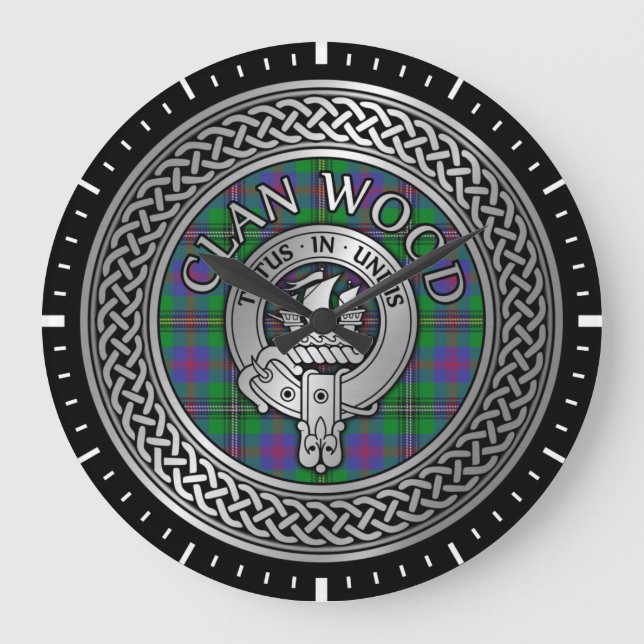 Clan Wood Wappen & Tartan Knot Große Wanduhr (Vorderseite)