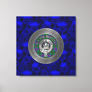 Clan Wood Wappen & Tartan Knot on Thistle Leinwanddruck