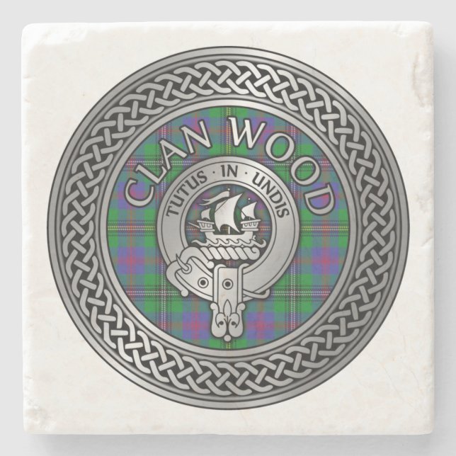 Clan Wood Wappen & Tartan Knot Steinuntersetzer (Vorderseite)