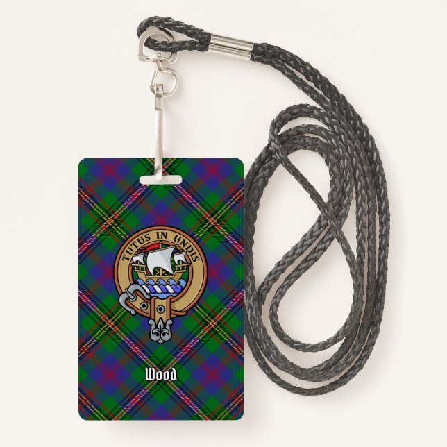 Clan Wood Wappen über Tartan Ausweis (Vorderseite mit Schlüsselband)