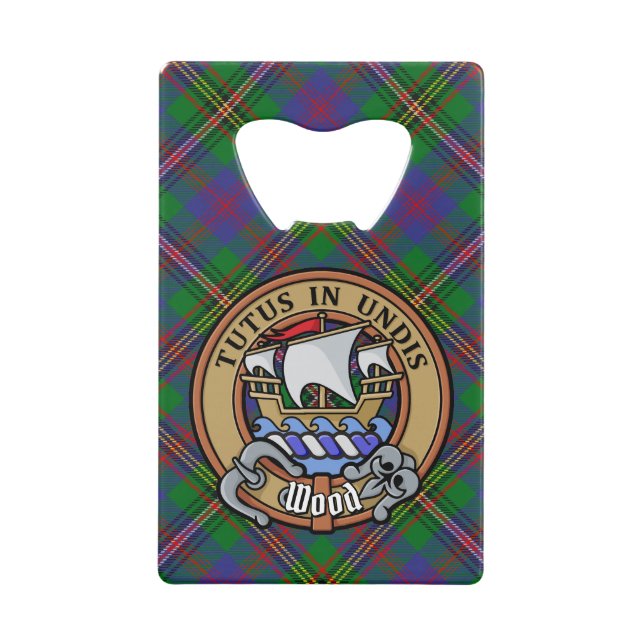 Clan Wood Wappen über Tartan Geldbeutel Flaschenöffner (Vorderseite)