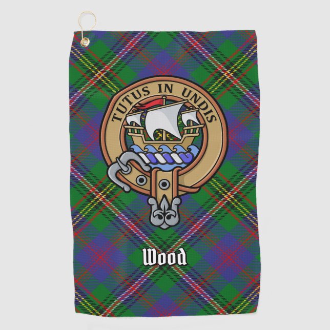 Clan Wood Wappen über Tartan Golfhandtuch (Vorderseite)