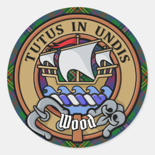 Clan Wood Wappen über Tartan Runder Aufkleber