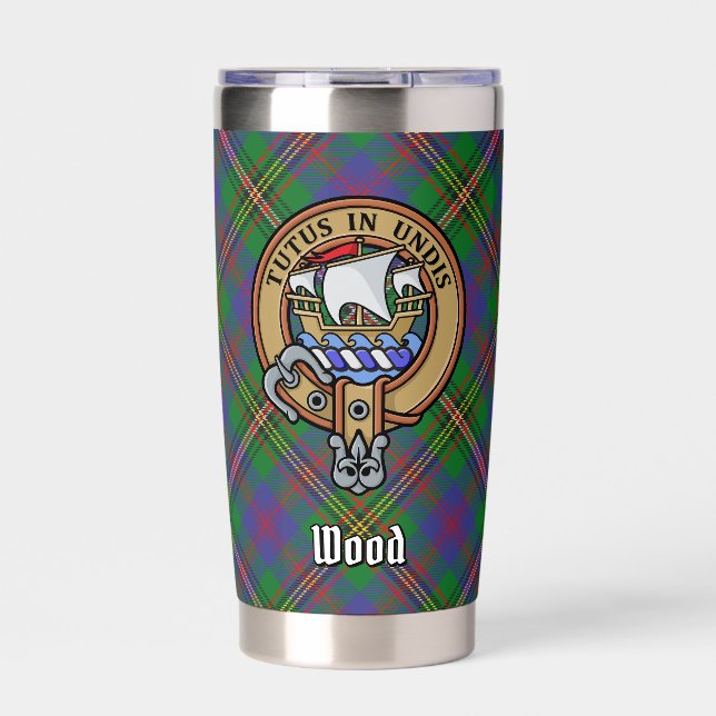 Clan Wood Wappen über Tartan Thermobecher (Vorderseite)