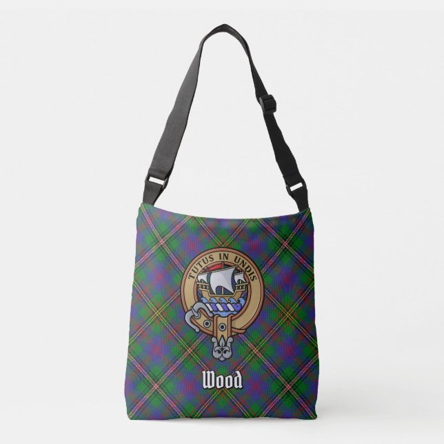 Clan Wood Wappen über Tartan Tragetaschen Mit Langen Trägern (Vorderseite)