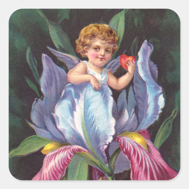 Clapsaddle: Blume Cherub Iris Quadratischer Aufkleber (Vorderseite)
