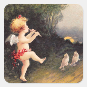 Clapsaddle: Kleiner Cherub mit Flöte Quadratischer Aufkleber