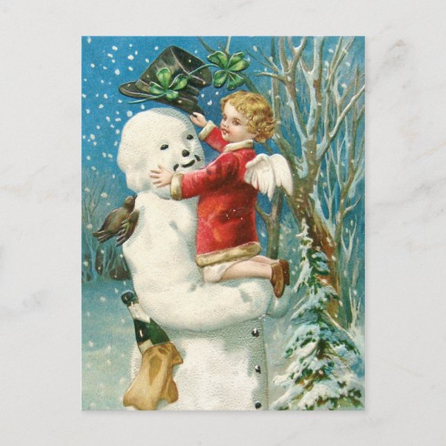 Clapsaddle: Snowman mit Angel Girl Postkarte (Vorderseite)