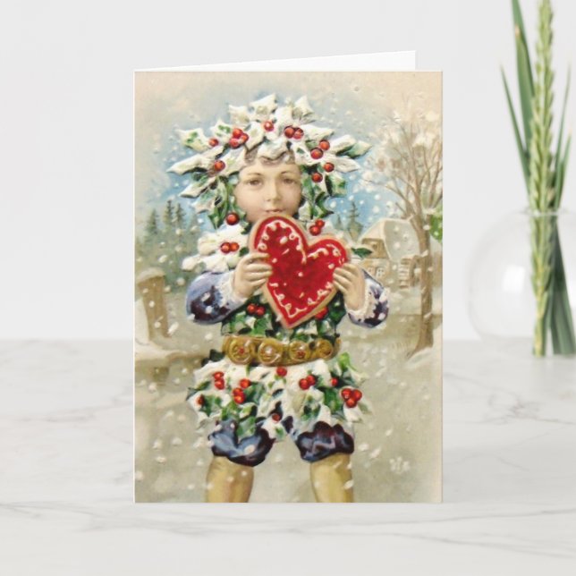 Clapsaddle: Stechpalmen-Junge mit Herzen Feiertagskarte (Vorderseite)
