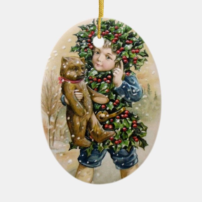 Clapsaddle: Stechpalmen-Junge mit Teddybären Keramikornament (Vorne)