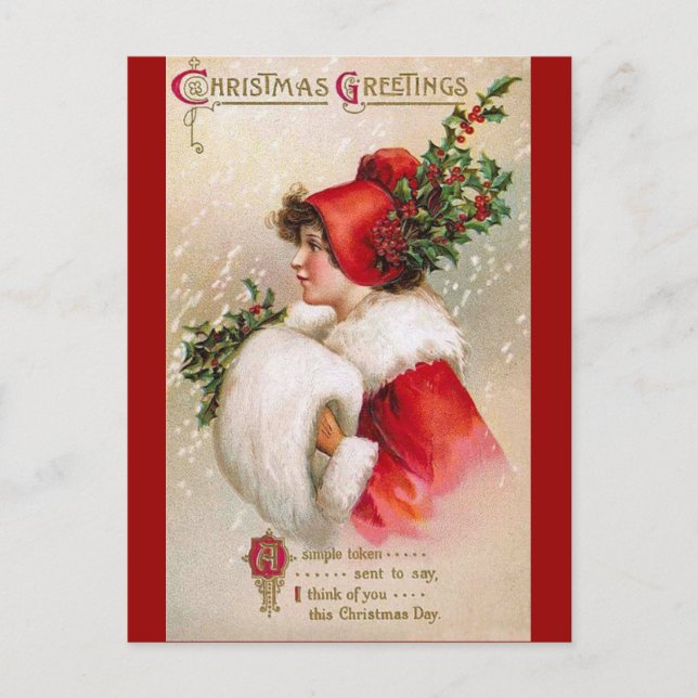 Clapsaddle: Winter-Mädchen mit Stechpalmen-Hut Postkarte (Vorderseite)