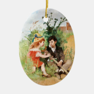Clare mit Jungen und Krücke Keramikornament
