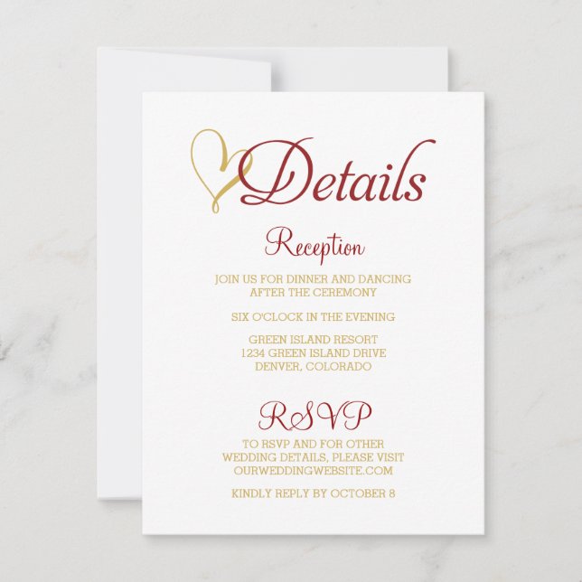Claret Gold Heart Wedding Details Card RSVP Karte (Vorderseite)