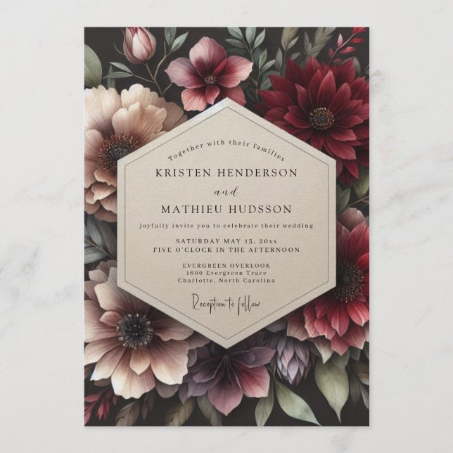 Claret Opulent Flora Wedding Einladung (Vorderseite)
