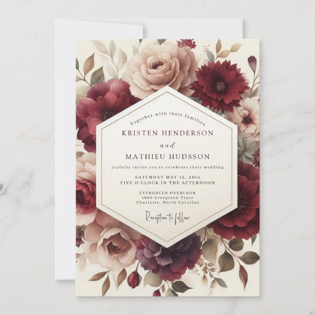 Claret Romantic Bloom Hochzeit Einladung (Vorderseite)