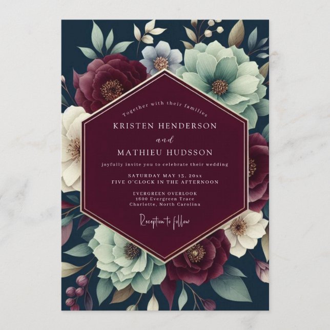 Claret Teal Shadowy Bloom Wedding Einladung (Vorderseite)