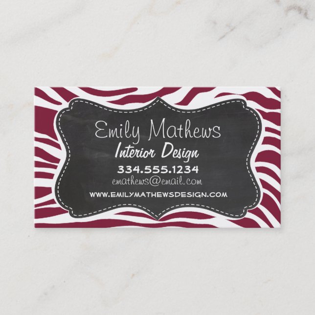 Claret Zebra Stripes Animal Print, Chalkboard-Look Visitenkarte (Vorderseite)
