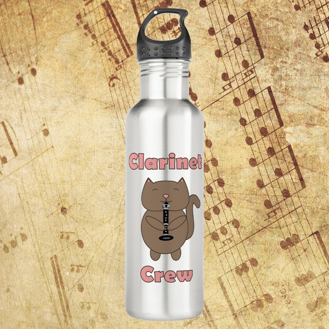 Clarinet Crew Brown Cat Funny Pink Edelstahlflasche (A water bottle featuring a brown cat playing the clarinet and the words clarinet crew in pink.)