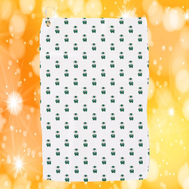 Clarinet Marching Band Rabbit Green Gold Golfhandtuch (A golf towel with a pattern of rabbits playing the clarinet wearing green & gold.)