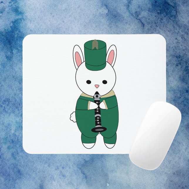 Clarinet Marching Band Rabbit Green Gold Mousepad (A mouse pad with a rabbit playing the clarinet wearing green and gold.)