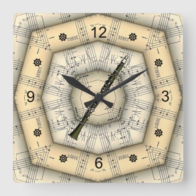 Clarinet ~ Strange Musical Design ~ Unique ~ Quadratische Wanduhr (Vorderseite)